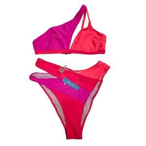 Popvil Women Neon Pink Red Colorblock Bright Bikini Beach Set Large Barbie
